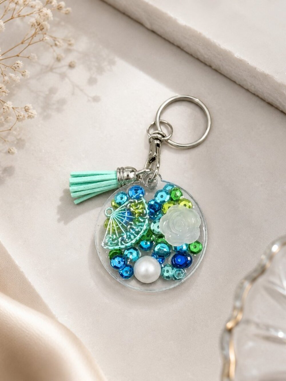NWT Handmade Blue & Green Resin Acrylic Keychain | Cute Purse Charm